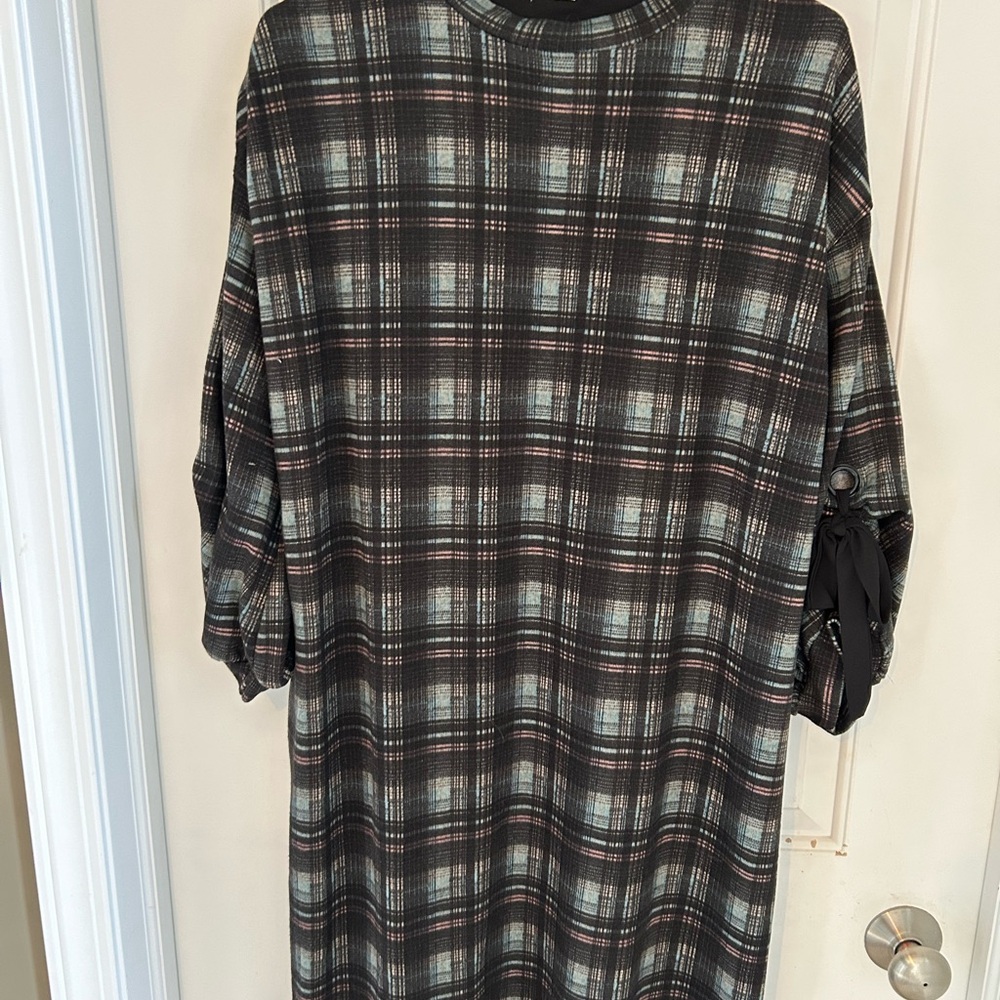 Plaid Shift Dress in Black, Gray & Light Blue
